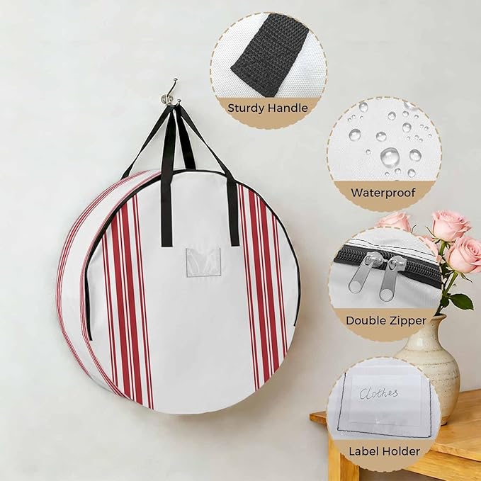 Storage Bag Red Ticking Vertically Stripe Round Storage Totes Bins Closet Organizers with Zippers & Handle Simple Style White Clothes Storage Container for Bedroom Dorm Space Saving Packing Supplies