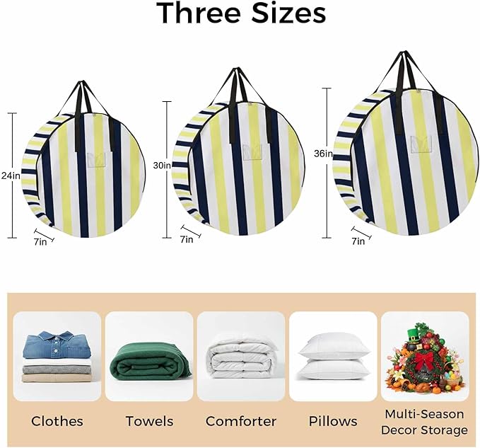 Storage Bag Navy Blue Yellow Stripes Round Storage Totes Bins Closet Organizers with Zippers & Handle Contrast Striped Clothes Storage Container for Bedroom Dorm Space Saving Packing Supplies Bags