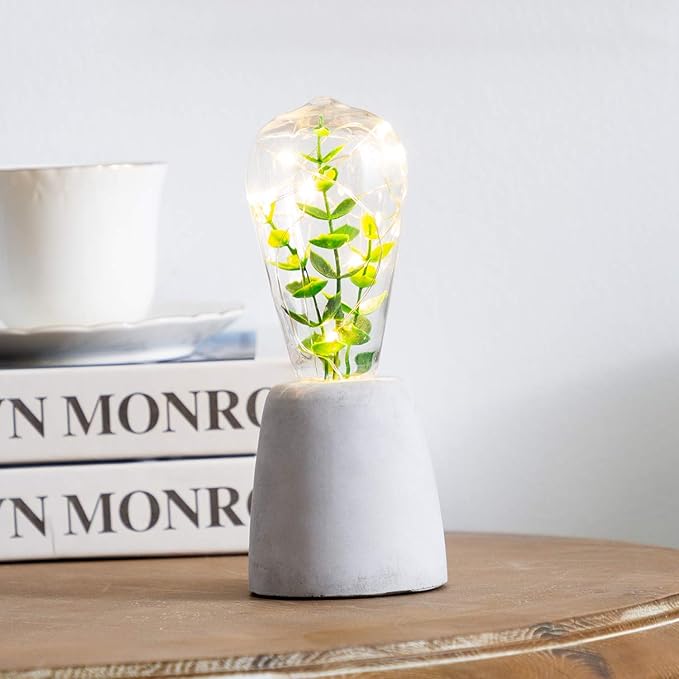 walsport Table Lamp Edison Bulb with Artificial Plant, Concrete Cement Grey Base Nightstand Bedside Lamp, Industrial Minimal Style for Cafe Shop Home Decor Christmas Birthday Gift