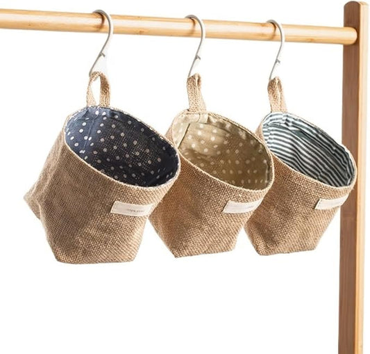3 PCS Cotton Linen Hanging Storage Baskets, Mini Wall Mounted Organizer Bags with Handles, Foldable Storage Box