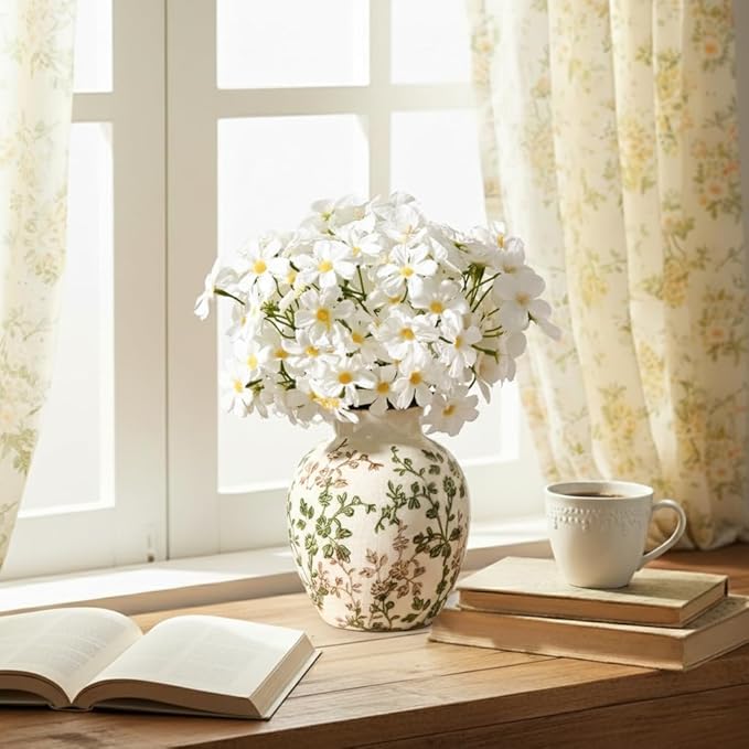 SIDUCAL Ceramic Green and Beige Antique Vase, 5.83 Inch Retro Ice Cracked Chinoiserie Floral Vase, Rustic Farmhouse Vases for Home Decor, Bookshelf, Office, Garden, Chinoiserie Decor, Tuscan Decor