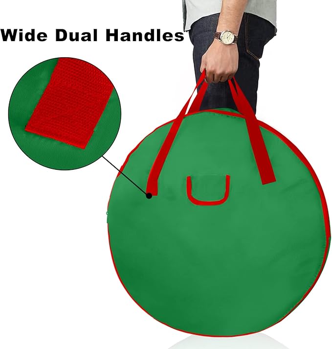 TQS 36" Christmas Wreath Storage Bag - Christmas Large Wreath Storage Container 36 inch- Heavy Duty Reinforced Wide Handle and Double Sleek Zipper - Protect Your Party Decorations Garland - Green
