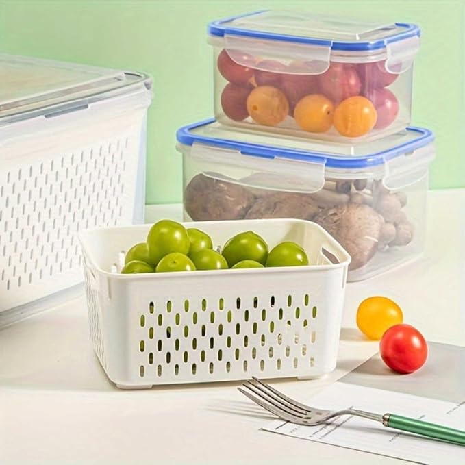 2 Pcs Fruit Storage Containers for Fridge,with Removable Colanders and Lid Food Storage Containers Fruit Washing Bowl for Salad Vegetables Meat Keeper Fresh(COLOR:Clear White)