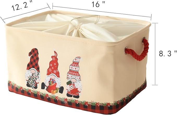 INough Christmas Baskets for Gifts Empty, Christmas Gnomes Basket, Large Gifts Bags for Holiday Ornaments Collapsible Storage Bins with Drawstring for Kidsroom (Large, Three Gnomes)