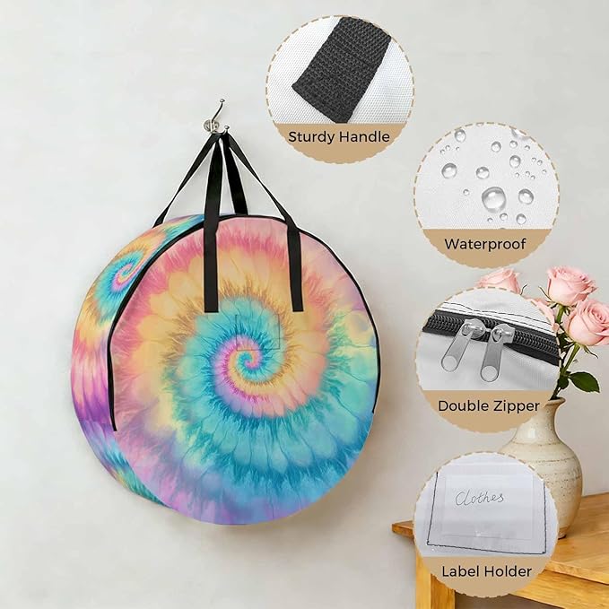 Storage Bag Colorful Tie Dye Round Storage Totes Bins Closet Organizers with Zippers & Handle Boho Tribal Style Clothes Storage Container for Bedroom Dorm Space Saving Packing Supplies Moving Bags