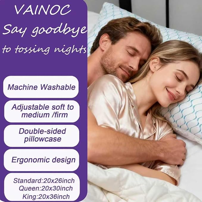 VAINOC Memory Foam Pillows King Size Set of 2,Adjustable Cooling Firm Pillow for Side Back Stomach Sleepers with Washable Removable Cover