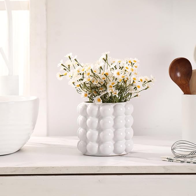 Bubble Vase, White Ceramic Vase, Small Short Vase, Ceramic Flower Vases for Home Decor, Decorative Vases for Living Room, Bedroom, Office, Shelf, Coffee Table, 5 Inches
