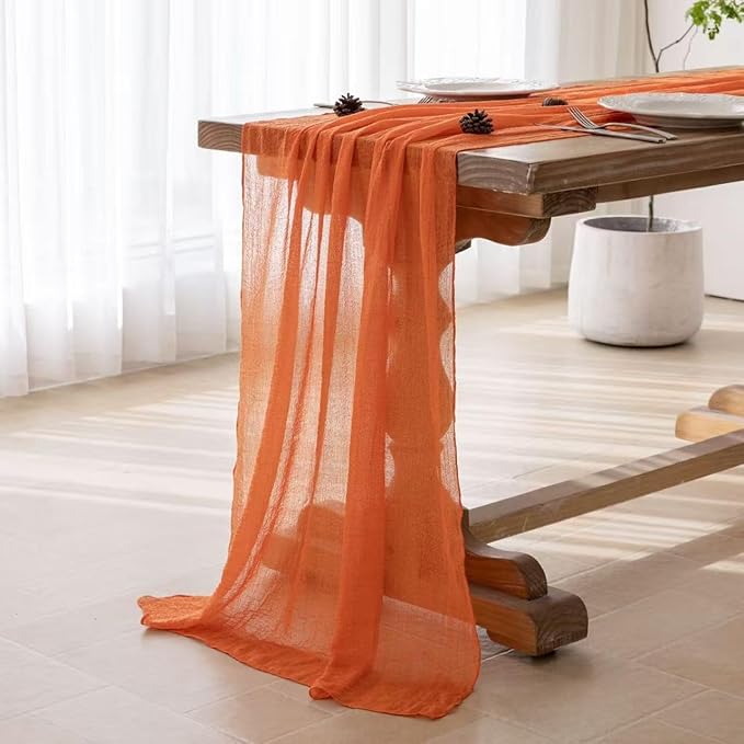 Keketoarrange 3pcs Orange Gauze Rustic Cheesecloth Table Runner 120 Inch 10 FT for Wedding Baby Shower Bridal Shower Birthday Engagement Garden Outdoor Party Long Sheer Boho Decorations