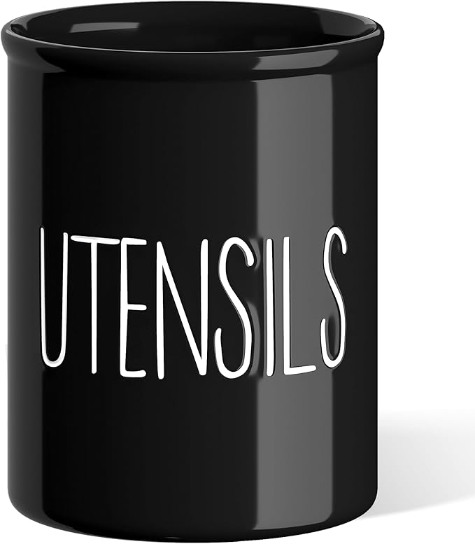 Barnyard Designs Ceramic Farmhouse Kitchen Utensil Holder for Countertop, Decorative Kitchen Utensil Crock for Counter, Spatula Holder, 7" (Black)