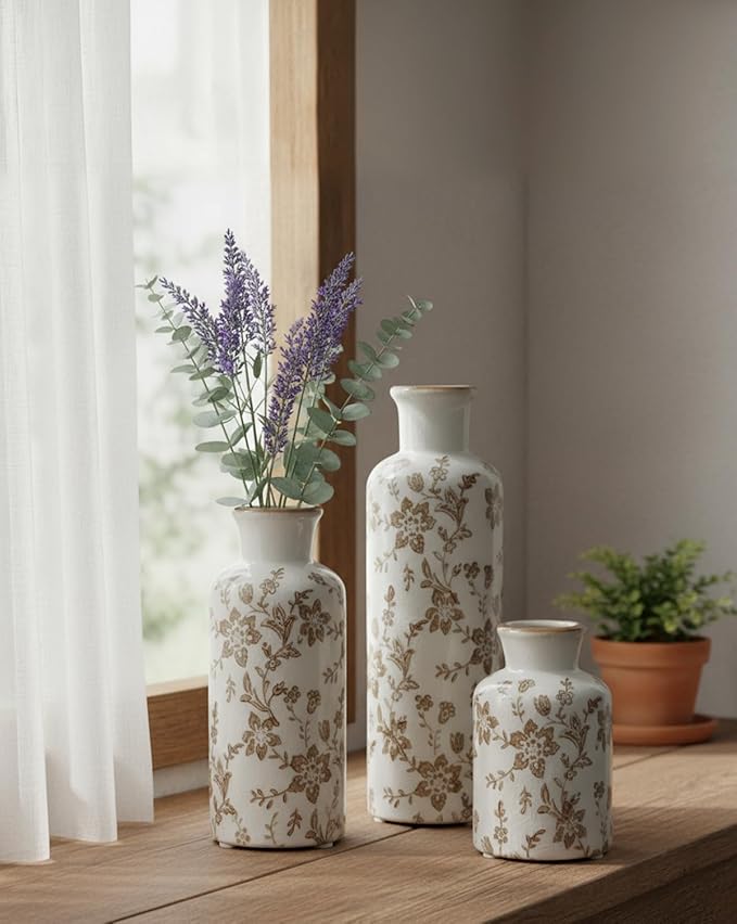 Ceramic Vase Set of 3, Vintage Ceramic Flower Vases, Crackle-Glaze & Distressed Rim, Brown Botanical Pattern, for Home Decor, Living Room Mantel & Dining Table Centerpiece