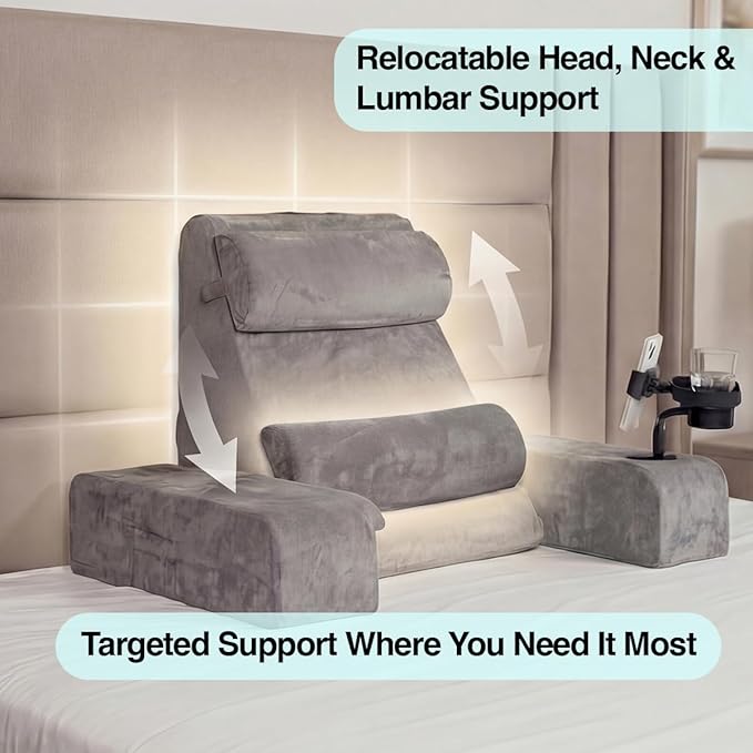 TabCouchCaddy Reading Pillow for Adults – 24” XL Memory Foam Backrest with Detachable Arms, Cup Holder, Phone Caddy & Adjustable Tray Mount | Back Pillow for Bed Sitting Up, Reading, TV & Recovery