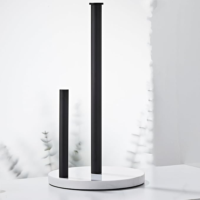 Matte Black Paper Towel Holder,Stainless Steel Paper Towel Holder for Kitchen Roll Organize, Standard or Jumbo-Sized Roll Paper, Countertop Roll Dispenser with Marble Base