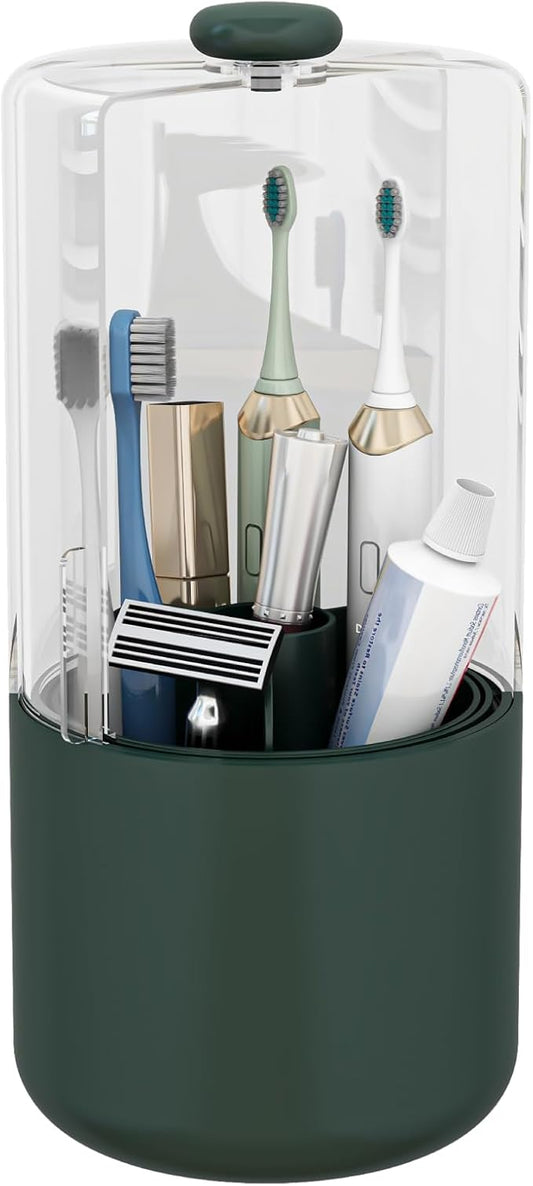 YOOLENS Toothbrush Holder with Cover 360 Rotating 4 Compartments Bathroom Toothpaste Electric Toothbrush Organizer, Dark Green