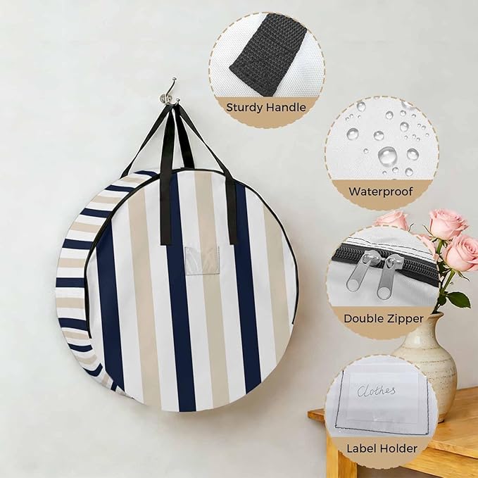 Storage Bag Black Khaki Stripes Round Storage Totes Bins Closet Organizers with Zippers & Handle Contrast Striped Clothes Storage Container for Bedroom Dorm Space Saving Packing Supplies Moving Bags