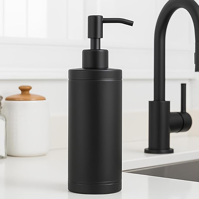 Countertop Hand Soap Dispenser, Refillable Stainless Steel Soap Pump Bottle for Bathroom & Kitchen, Free Standing - 300ml, Black