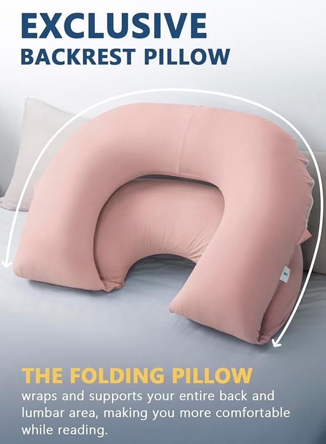 INSEN Reading Pillow, Back Pillow for Sitting in Bed for Reading, Nurse & Relax, Reading Pillow for Adults, Moms & Kids, Sit Up Pillow for Bed, Natural Pink