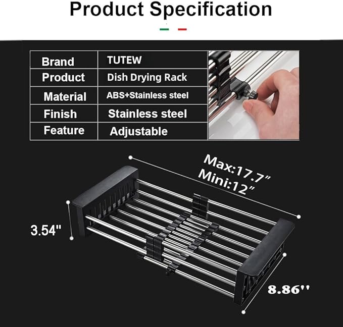 TUTEW Dish Drying Rack, Over The Sink Dish Drying Rack, Stainless Steel Drainer with Adjustable Arms Holder Functional Kitchen Sink Organizer for Vegetable and Fruit, Black