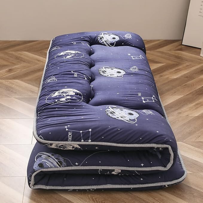 MAXYOYO Navy Space Adventure Japanese Floor Futon Mattress, Thicken Tatami Mat Sleeping Pad Foldable Roll Up Mattress Floor Lounger Couches and Sofas for Kids Twin Size