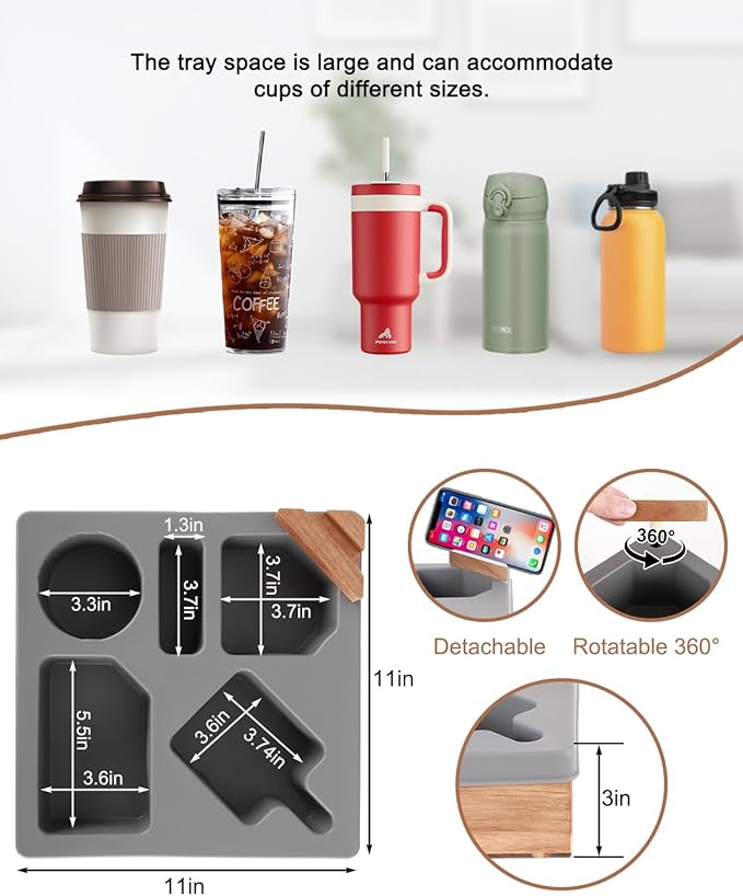 Couch Cup Holder Tray, Silicone Wooden Couch Caddy with Cup Holder for Snacks, Drinks, Remotes, Waterproof Cup Holder for Couch, Organizer, Couch Drink Holder, Sofa Cup Holder, Easter Gifts (Gray)