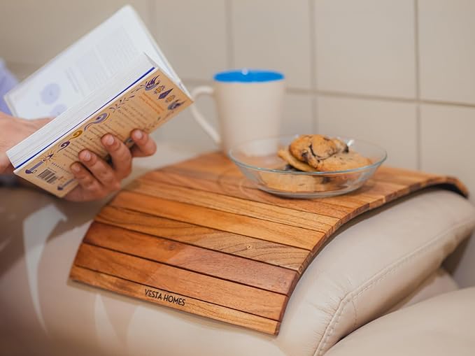 Vesta Homes Sofa Armrest Tray Set of 2 | Acacia Wood | Tambour Tray | Flexible and Foldable | Dining Table Mat | Suitable for Food, Drinks, Snacks, Cup | 17 * 11 Inches | Handcrafted in India