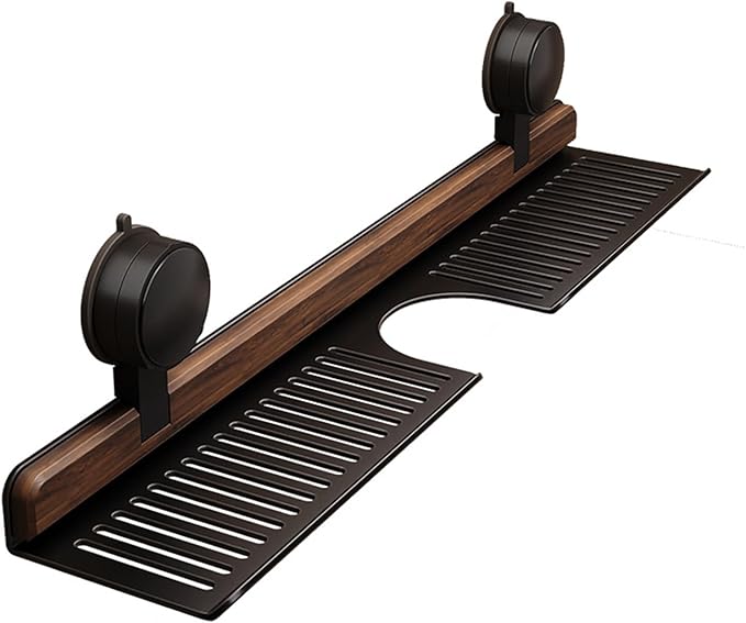Walnut Bathroom and Kitchen Suction Cup Rack, Removable wall-Mounted Tray, no-Drill wall-Mounted Bathroom Vanity, Sink Storage Rack, Kitchen Suction Cup Rack (Black, 40cm/15.75in)