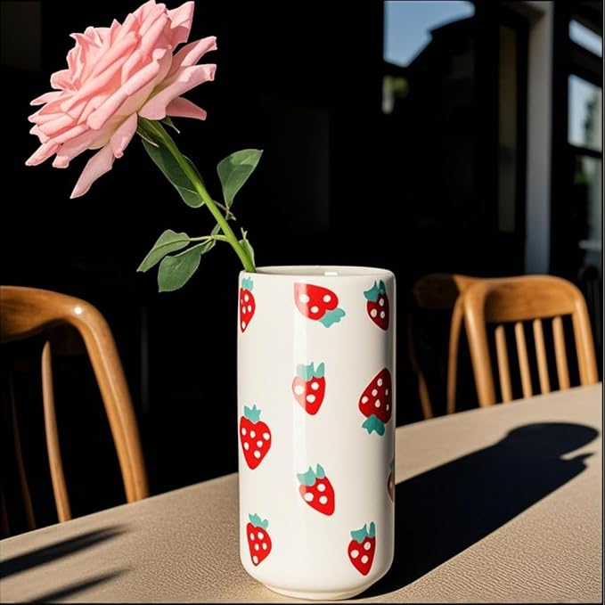 MOUGIGI Strawberry Ceramic Vase-Unique Aesthetic Design for Funky Flower Decor-Perfect Summer Fruit Theme Table Centerpiece-Ideal Gift for Parties and Special Occasions-Stylish Durable Home Decoration