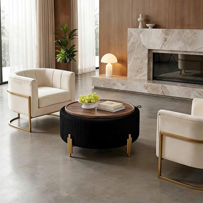 30'' Round Storage Ottoman Coffee Table, Modern Velvet Upholstered Ottoman with Lid and Metal Legs for Living Room, Bedroom (Black)