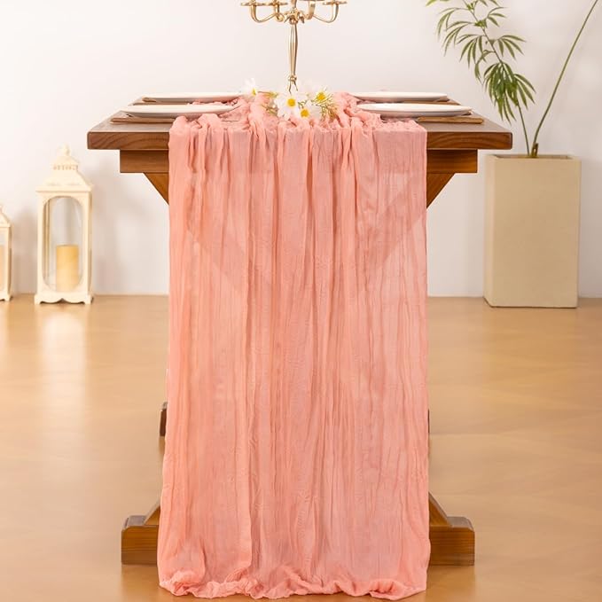 Socomi 3pcs Coral Peach Easter Spring Cheesecloth Table Runner Boho Rustic Gauze 120 inch 10FT Cheese Cloth Runner for Wedding Party Baby Shower Birthday Home Decor Holiday Decorations