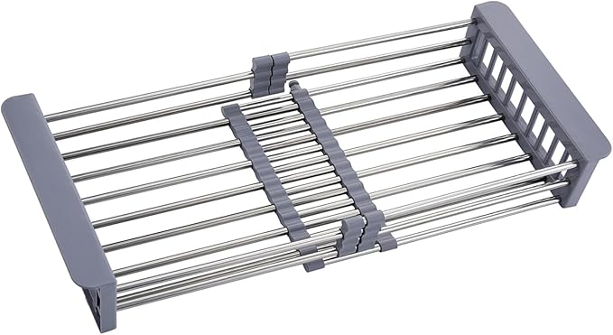 Sink Dish Drying Rack, Stainless Steel Drainer for 12.5"-20.5" Sinks, Kitchen Countertop Organizer for Dishes, Vegetables, and Fruits (Grey & Large Size)