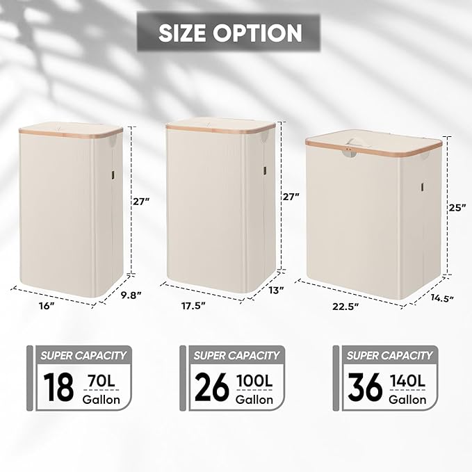 BALEINE Laundry Hamper with Lid, Tall Laundry Baskets with Bamboo Pull Handles, Large Laundry Bin with Internal Support (18 Gal/70L, Beige)
