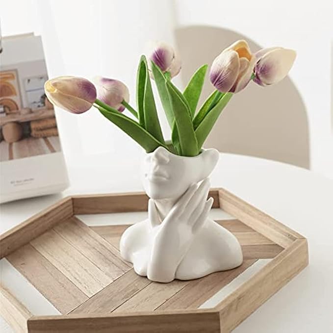 Ceramic Face Vase, White Flower Vases for Decor Female Form Head Half Body Vase Boho Unique Decorative Modern Style for Home Living Room Office Book Shelf (Medium)