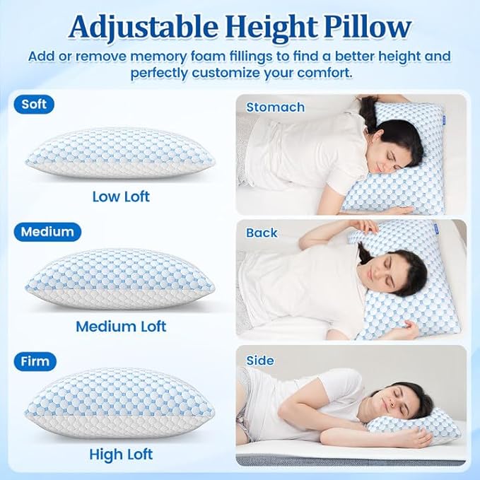 CloudBliss Cooling Bed Pillows for Sleeping, Shredded Memory Foam Pillows with Washable & Breathable Pillowcase, Adjustable Height Pillow for Side, Back and Stomach Sleepers, King Size