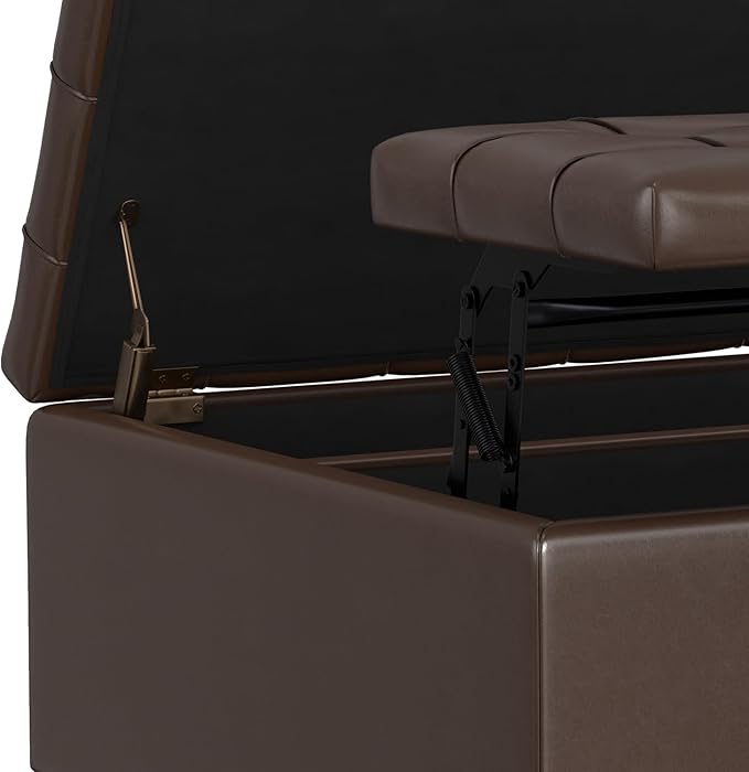 SIMPLIHOME Harrison Small Coffee Table Storage Ottoman - 30 inch Wide Upholstered Vegan Leather Square Lift-Top Ottoman in Chocolate Brown, Transitional Ottoman for Living Room with Hidden Storage