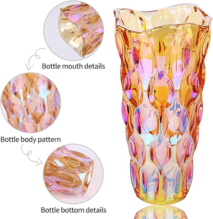 Flower Glass Vase Thick 3.5lb 9.5inch Sparkle vase Bohemian Style, for Centerpieces,Kitchen,Office, Living Room,Wedding,Perfect Home Decor Glass Vase (Sparkle Amber)