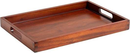 Acacia Wood Serving Tray with Handles, 17.5x12 – Decorative Serving Trays Platter for Breakfast in Bed, Lunch, Dinner, Appetizers, Patio, Ottoman, Coffee Table, BBQ, Party –Great for Lap & Couch