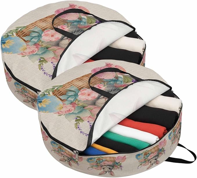 24 Inch Round Storage Bag 2 Pack,Easter Egg Cute Bunny on Basket Waterproof Wreath Storage Container with Handles&Zipper Colorful Flower on Burlap Closet Organizer Bags Garland Box