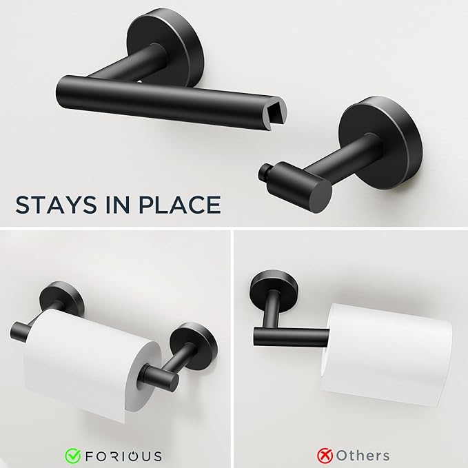 FORIOUS Toilet Paper Holder Wall Mount, SUS304 Stainless Steel Double Post Pivoting Tissue Roll Holder and Hand Towel Ring Set for Bathroom, RV, Bathroom Hardware Accessories Set, Matte Black