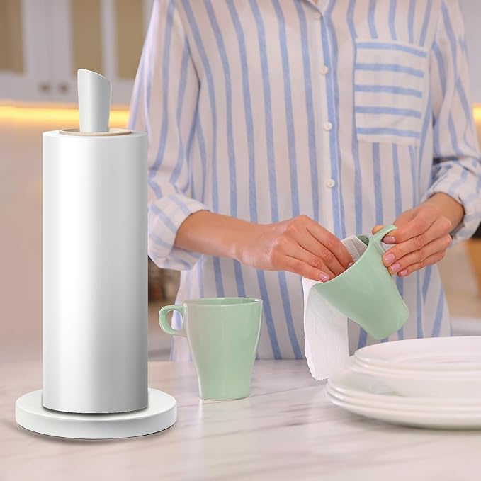 JOGREFUL Paper Towel Holder Stand, Stainless Steel Kitchen Paper Towel Countertop Stand with Streamline Body, Bathroom Organization for Family Standard Large Size Roll Paper, White