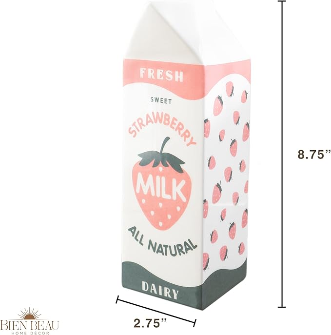 Retro Strawberry Milk Carton vase –Vintage Inspired Kawaii Ceramic -Pink Strawberry Flower vase -Cute Accent Decor for Your Home Kitchen Office