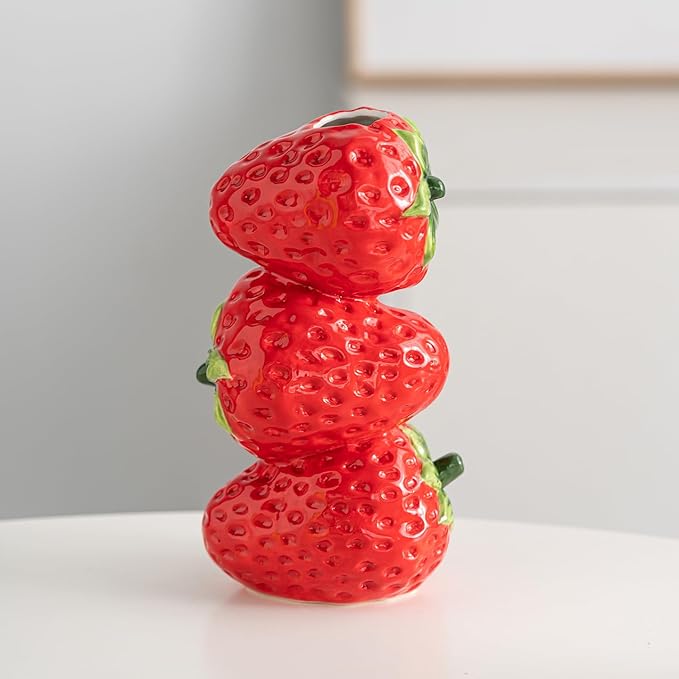 Cute Strawberry Figurine Decor Accent Piece, 7.8 inches Ceramic Strawberry Decor, Red Ceramic Bud Vase Dining Table Centerpieces for Home and Kitchen, Spring Summer Fruit Theme Vase
