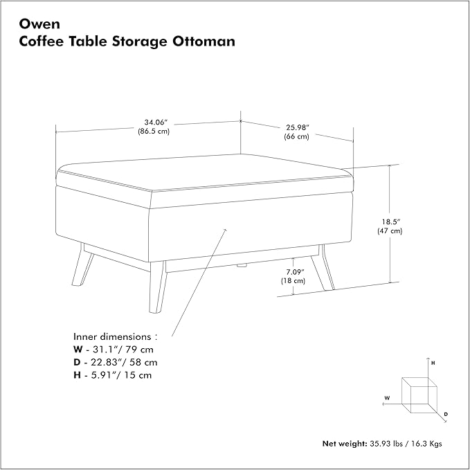 SIMPLIHOME Owen Coffee Table Storage Ottoman - 34" Wide x 19" High Upholstered Linen Look Fabric Rectangular Lift-Top Ottoman in Natural, Mid-Century Modern Bench for Living Room with Tapered Legs