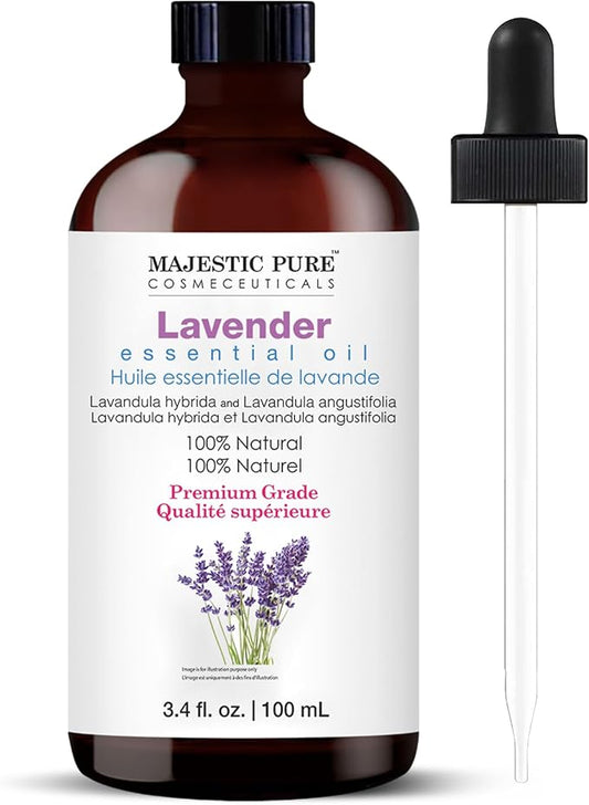 Majestic Pure Essential Oil with Glass Dropper - 100% Pure and Natural - Essential Oils for Diffuser, Aromatherapy, Soap and Candle Making, Lavender Essential Oil, Lavender Oil, 3.4 Fl Oz