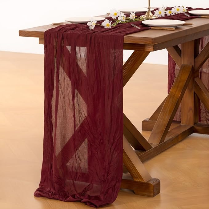 Socomi 10pcs Burgundy Red Easter Spring Cheesecloth Table Runner Boho Rustic Gauze 120 inch 10FT Cheese Cloth Runner for Wedding Party Baby Shower Birthday Home Decor Holiday Decorations
