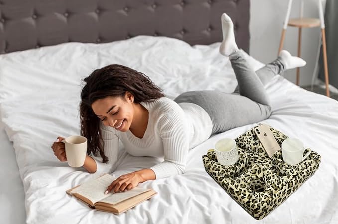 Couch and Bed Cup Holder Pillow, Sofa Refreshment Tray for Drinks/Remote Control/Snacks Holder (Leopard)