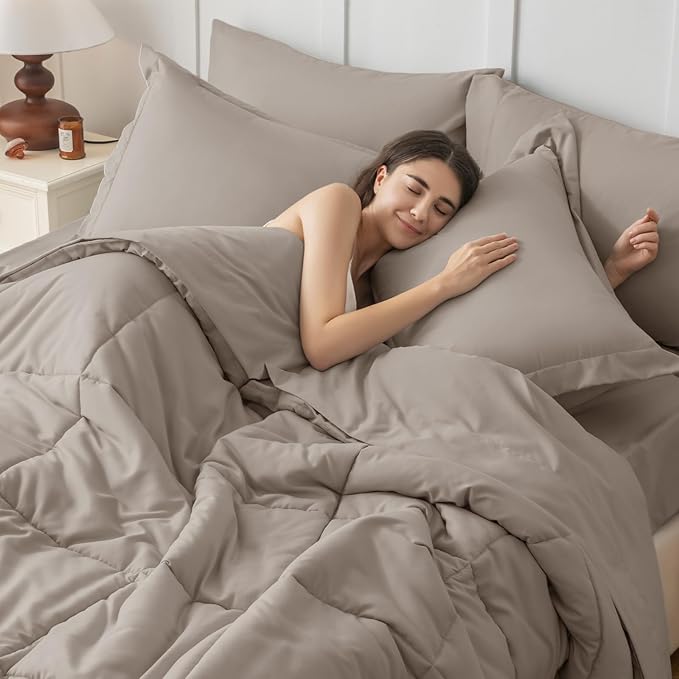 JOLLYVOGUE Twin Comforter Set, Ultra-Soft Bed in a Bag Twin Size 5 Pieces, Oeko-TEX Certified Bedding Set with Down Alternative Comforter, Sheets, Pillowcases & Shams, Khaki