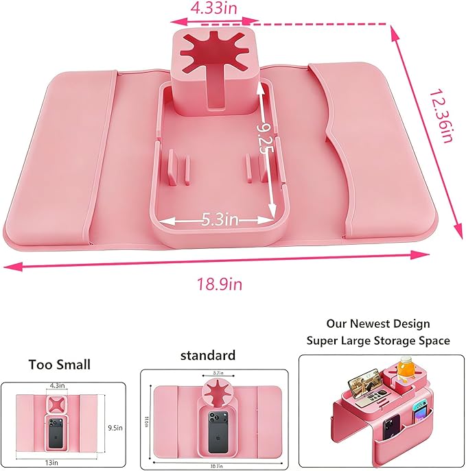 Silicone Couch Cup Holder Tray with Tablet & Phone Stand, Anti-Slip Sofa Arm Organizer with Dual Side Pockets for Remotes, Snacks, Headphones, Glasses, Drinks (Pink)