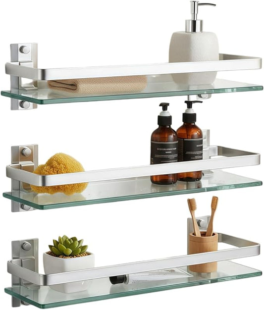 AIJALY 3 Pack Bathroom Glass Shelf,Aluminum Tempered Glass 0.3in Extra Thick Rectangular 1 Tier Storage Organizer Wall Mount,Silver 15.7in