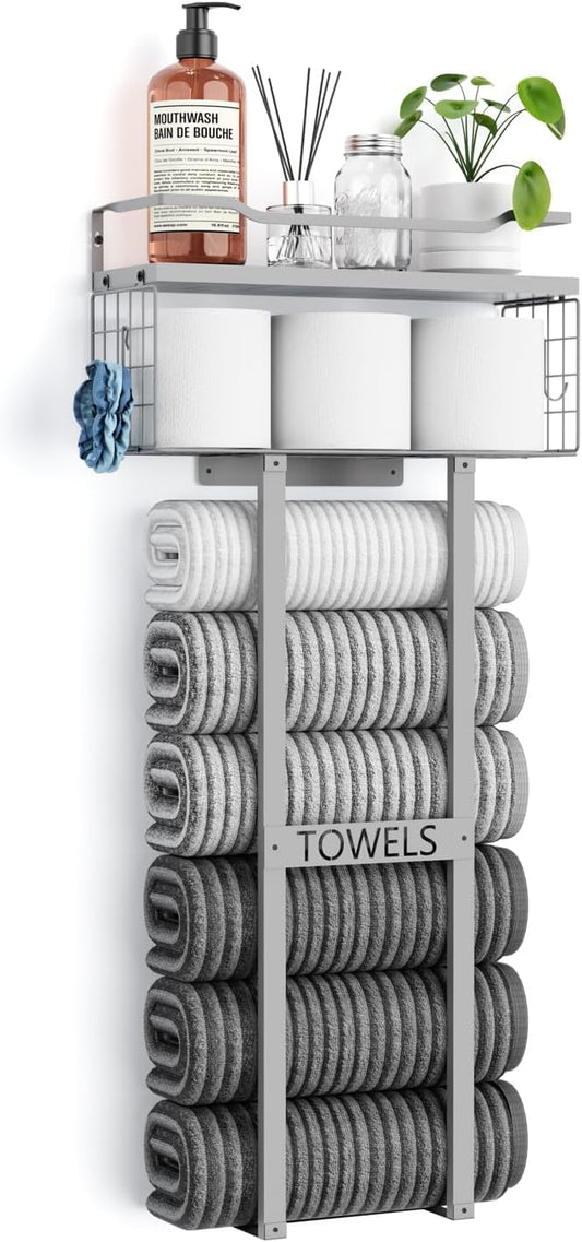 Aetyord Towel Racks for Bathroom - Wall Mounted Metal Rack with Wood Plank, Bathroom Storage Organizer, Towel Holder Stores 6 Large Rolled Towels Easily, All Grey