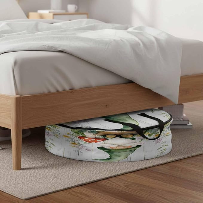 Spring Round Storage Bag 36 Inch, Country Green Gnome Mushroom Floral Retro Wood Grain Clothes Storage Container with Handles Heavy Duty Organizer for Comforter, Bedding & Holiday Wreaths