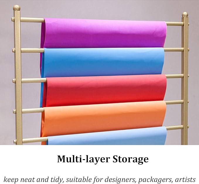 H67 Ribbon Holder Organizer Rack, Large Capacity Movable Metal Vinyl Roll/Fabric Storage with Storage Basket, Gift Wrapping Organizer Storage for Designer Artist(Gold,27.56x67in)